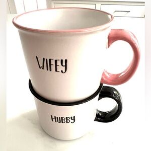Wifey Hubby Mug Set Pink and Black Ceramic 16oz each Valentines